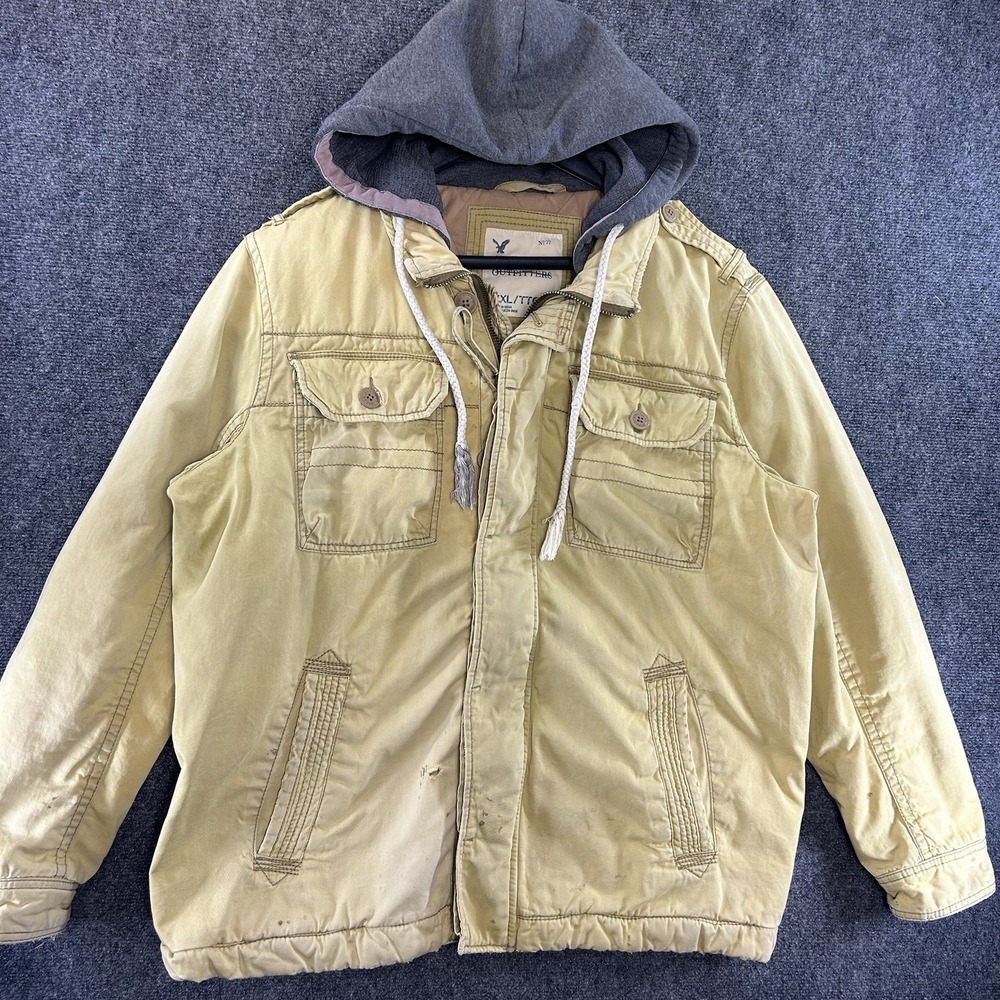 VTG American Eagle Y2K Utility Hooded Jacket 2XL Khaki Canvas Quilted Distressed
